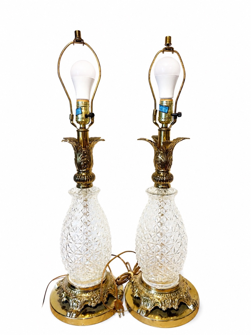Pair of Crystal Pineapple Table Lamps in Brass Finish vintage .